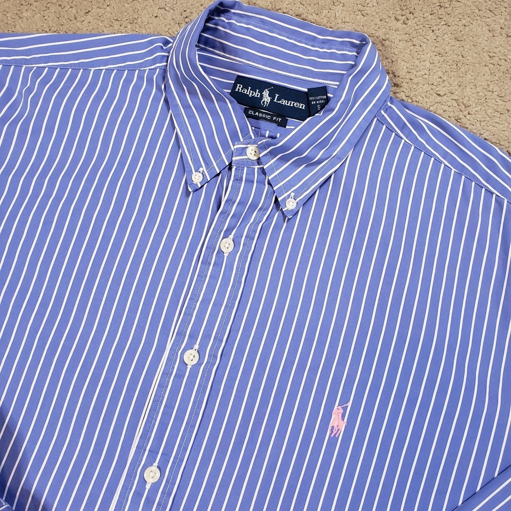 Ralph Lauren Shirt Mens 17.5 XL Blue White Shirt Pink Pony Long Sleeve Button Up